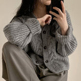 Solid V Neck Puff Sleeve Cable Knit Cardigan