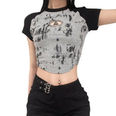 Vintage Metal Letter Raglan Sleeve Crop Top