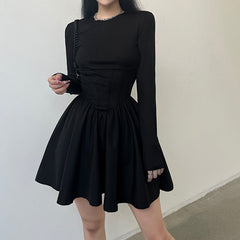 Corset Detail Black Long Sleeve Mini Dress