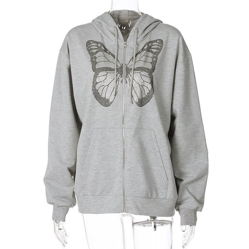 Oversized Butterfly Graphic Rhinestone Zip Up Hoodies