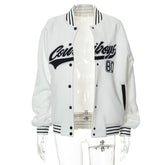 Contrast Logo Embroidered Zip Up Varsity Jacket