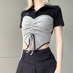 Tie Front Patchwork Button Up Crop Top