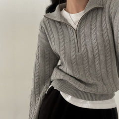 Vintage Lapel Neck Cable Knit Sweater
