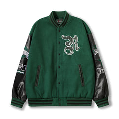 Embroidery Pu Leather Paneled Varsity Jacket