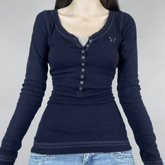 Vintage Embroidery Top-stitching Breasted Long Sleeve Tee