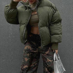 Army Green Zip Up Puffer Jacket