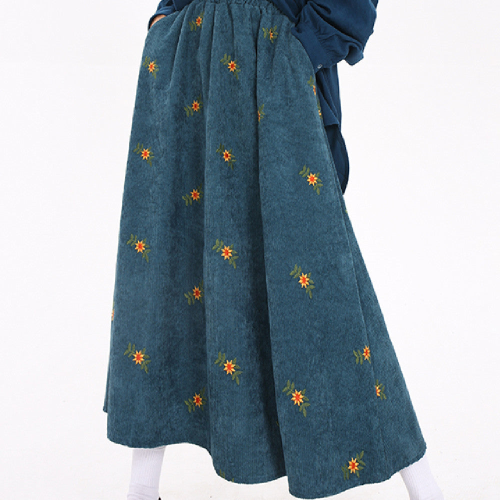 Embroidery Daisy Corduroy Maxi Skirt