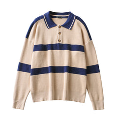 Polo Neck Button Striped Sweater