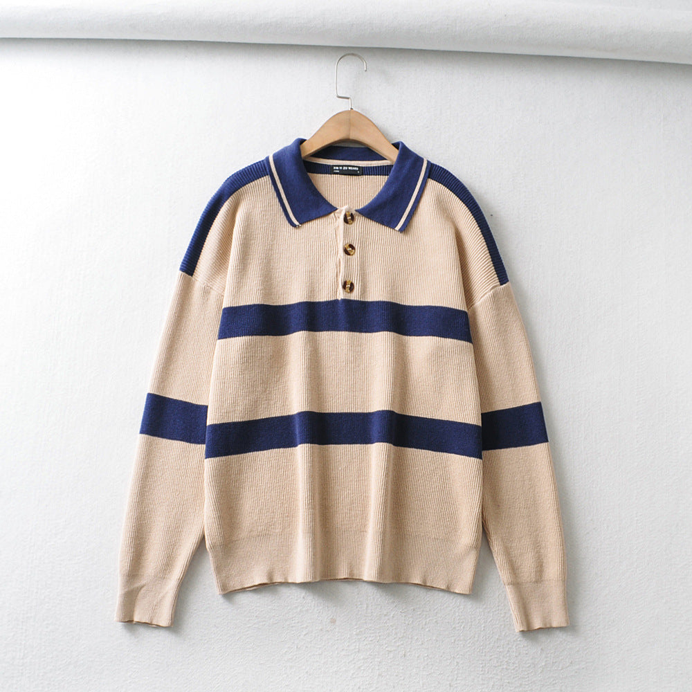 Polo Neck Button Striped Sweater