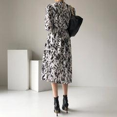 Elegant Hit Color Female Lace-up Printed Midi Dress