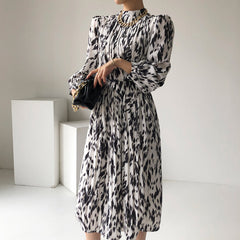 Elegant Hit Color Female Lace-up Printed Midi Dress