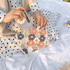 Pearl Flower Hand-Woven Crossbody Handbag