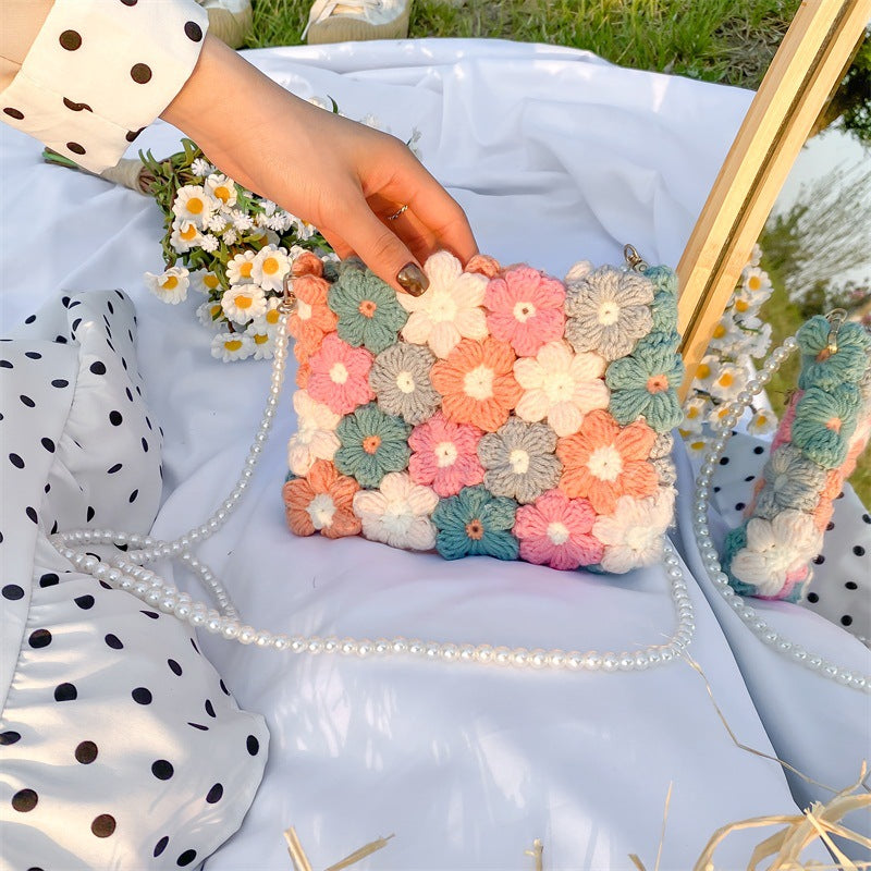 Pearl Flower Hand-Woven Crossbody Handbag