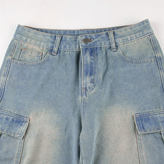Washed Shirring Flap Pocket Cargo Jeans