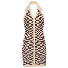 Plaid Knit V Neck Bodycon Dress