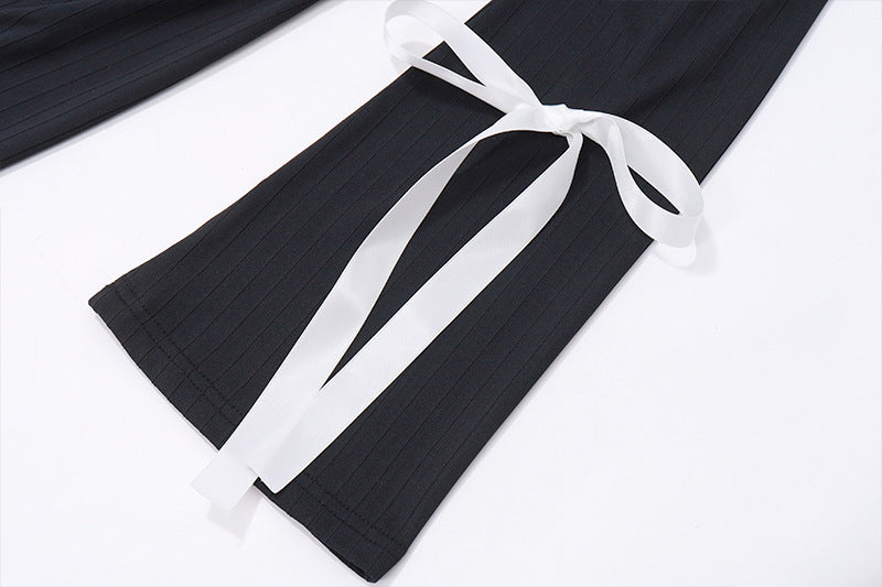 Off Shoulder Lace Splice Tie Up Long Sleeve Mini Dress