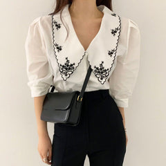 Vintage Floral Collar Puff Sleeve Blouse