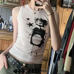 Pixel Robot Star White Cropped Tank Top