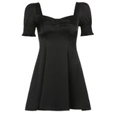 Retro Square Neck Black Bow Puff Sleeve Dress