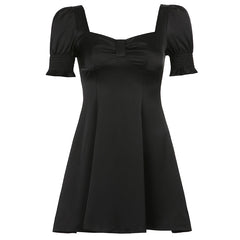 Retro Square Neck Black Bow Puff Sleeve Dress