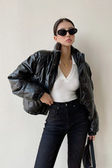 Button Down Pu Leather Puffer Jacket