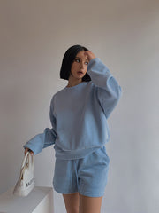 Drop Shoulder Halp Zip Sweatshirt & Drawstring Shorts Set