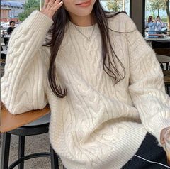 Solid Color Cable Knit Pullover Sweater