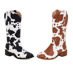 Vintage Cow Print Block Heel Rider Boots