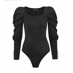 Square Neck Puff Sleeve Knitted Bodysuit
