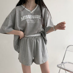 V-neck Oversized Short sleeve Tee Two-piece Set