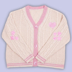 Oversize Heart Embroidered Cable Knit Cardigan