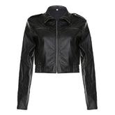 Zip Up Lapel Neck Leather Short Jacket