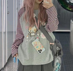 Cartoon Print Striped Long Sleeve Tee