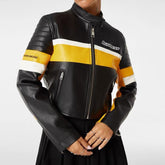 Contrast Pu Leather Cropped Moto Jacket