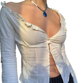 Patchwork Ruffle Long Sleeve Crop Blouse