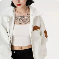 Logo Embroidered Pu Leather Varsity Jacket