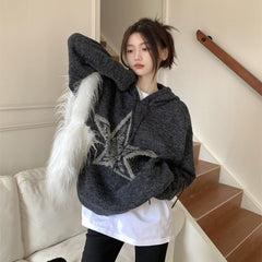 Star Jacquard Hooded Pullover Sweater