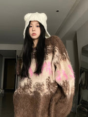 Fuzzy Contrast Color Print Oversized Sweater