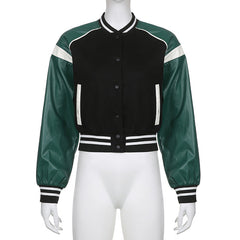 Pu Leather Paneled Cropped Varsity Jacket