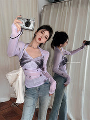 Lavender Contrasting Mesh Long Sleeve Top