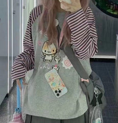 Cartoon Print Striped Long Sleeve Tee