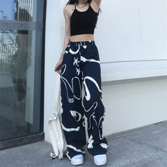 Vintage Graffiti Print Loose Wide-leg Pants