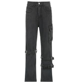 Washed Mid Waist Pocket Cargo Jeans