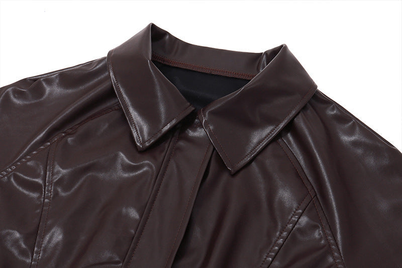 Vintage Brown Lapel Neck Zip Up Short Jacket