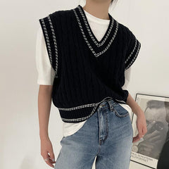 V Neck Stitched Cable Knit Sweater Vest