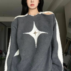 Star Decor Zipper Cutout Loose Sweater