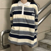 Polo Collar Stiped Oversized Long Sleeve Tee