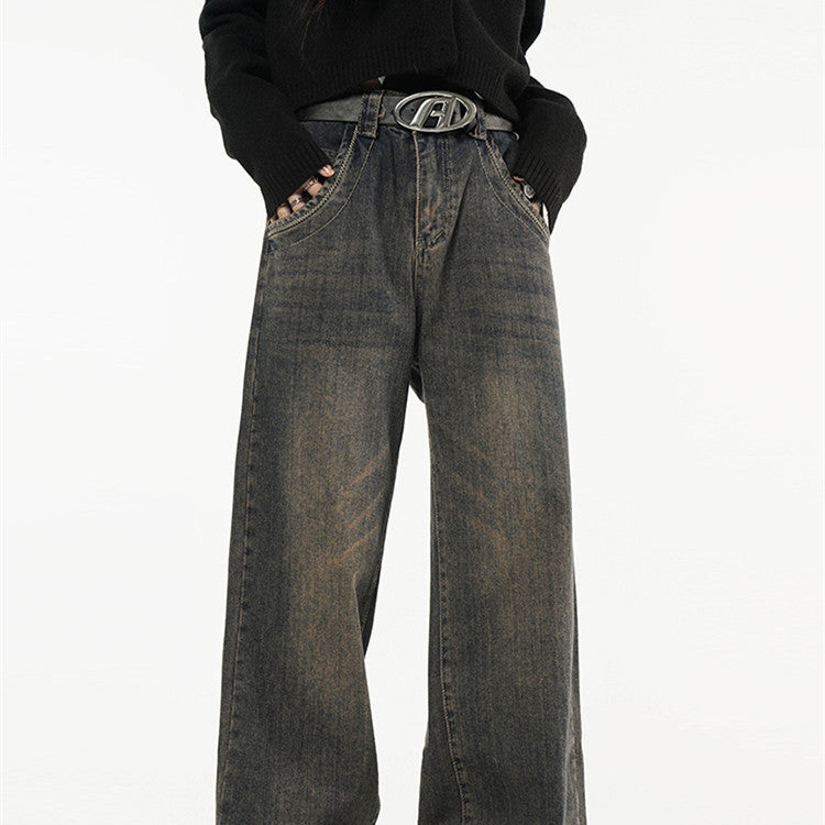 Vintage Wash Buttoned Y2K Wide Jeans
