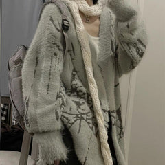 Print V Neck Zip Up Loose Cardigan