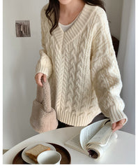 V Neck Pullover Cable Knit Sweater